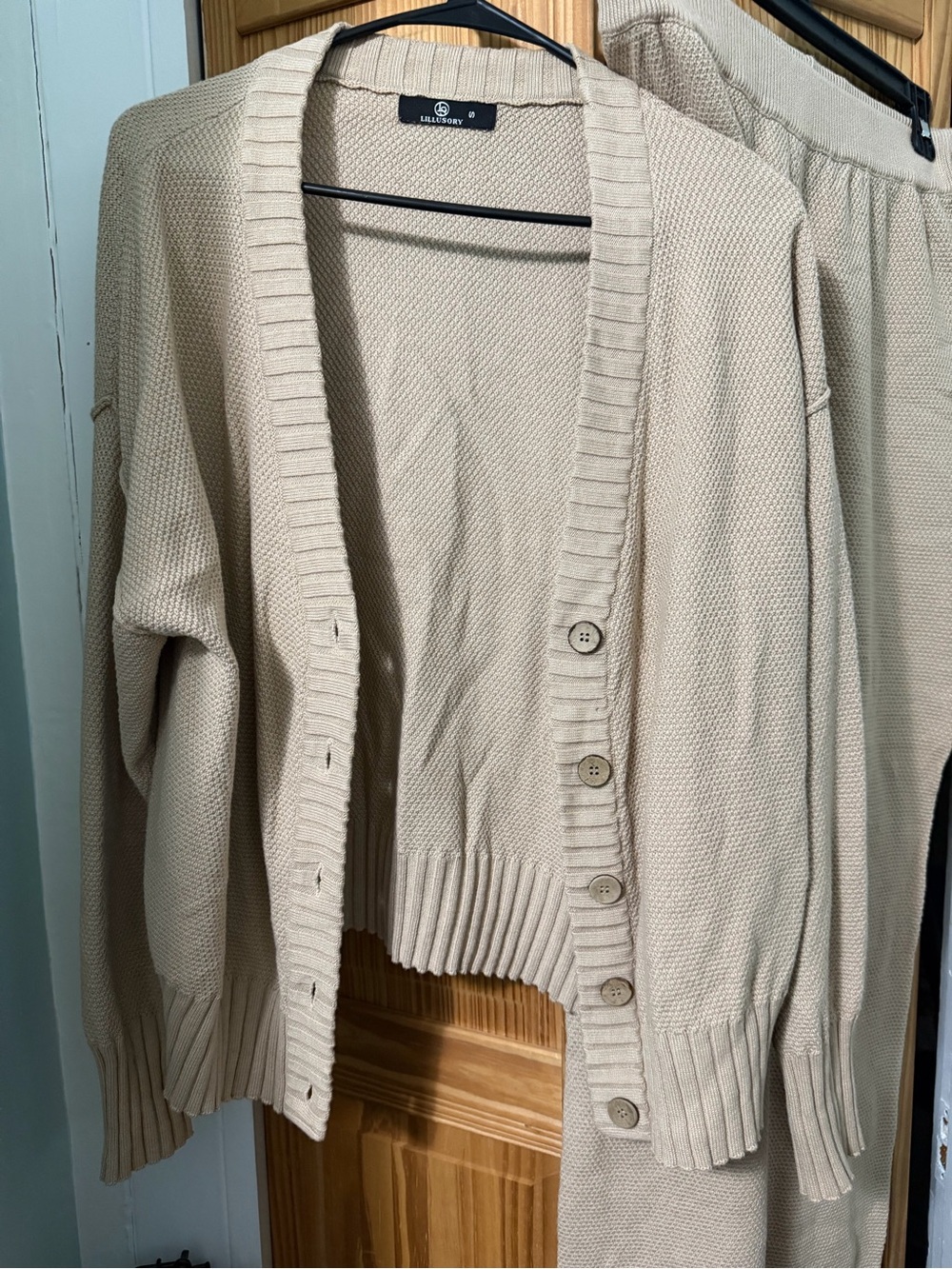 Amazon Beige Button-Front Knit Cardigan and Matching Joggers.